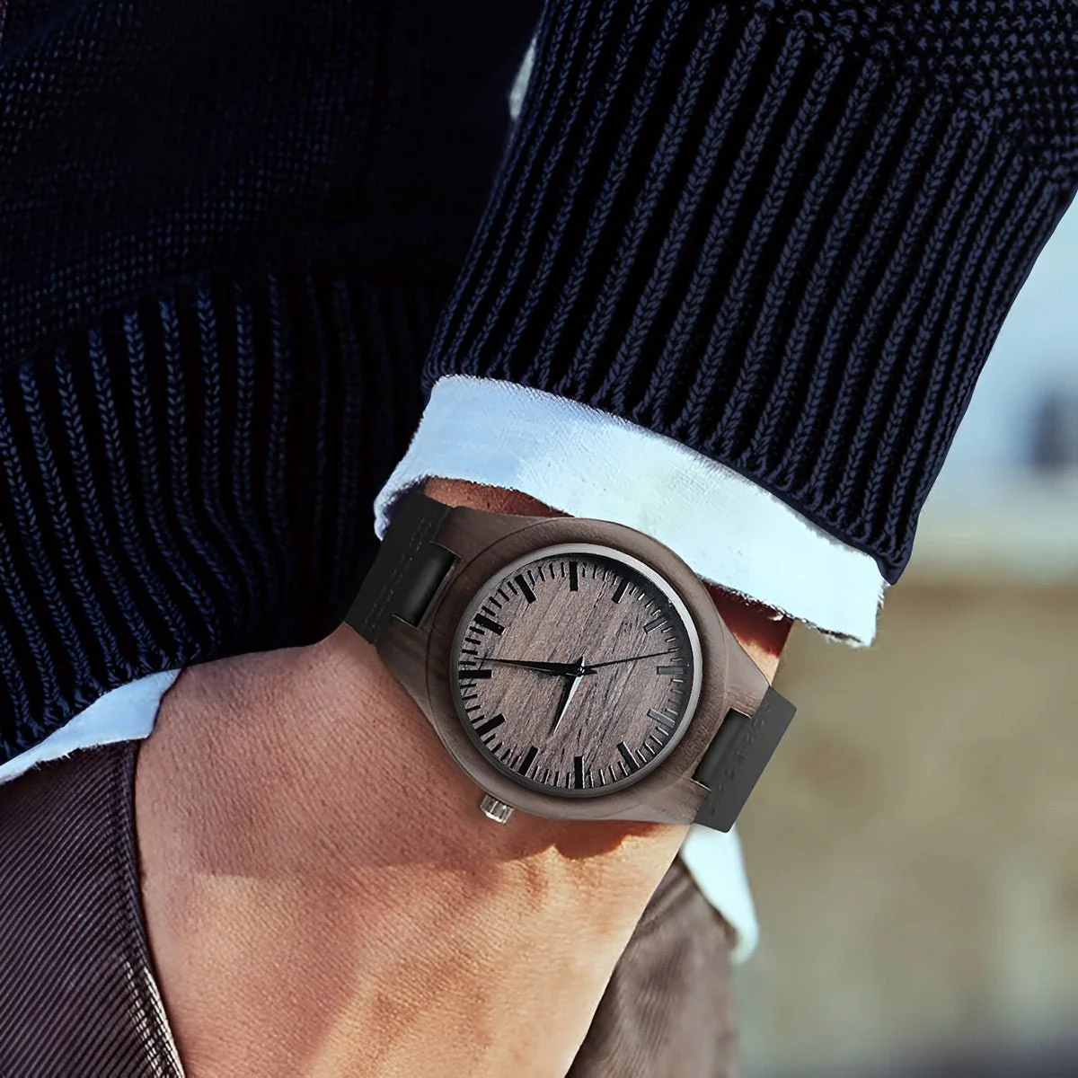 Groomsmen Watches Set of 5 Engraved Wood Watches with Leather Bands Black - Image 5