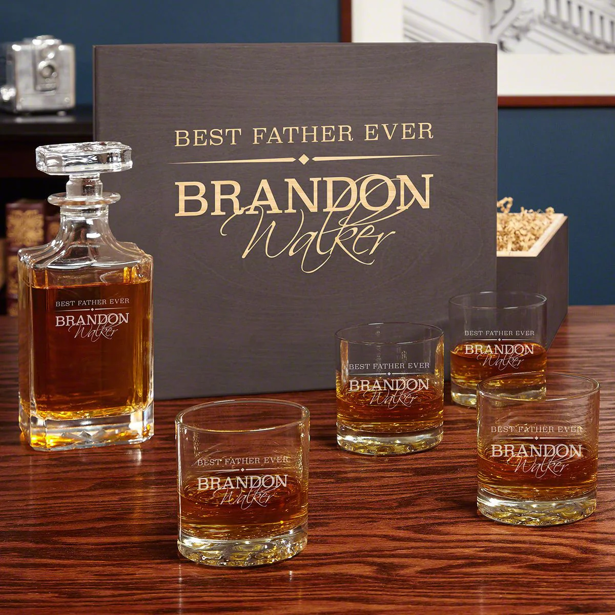 Monogram Presentation Set with Whiskey Decanter & Glasses - Bar Serving Tray & Display Set - Image 7