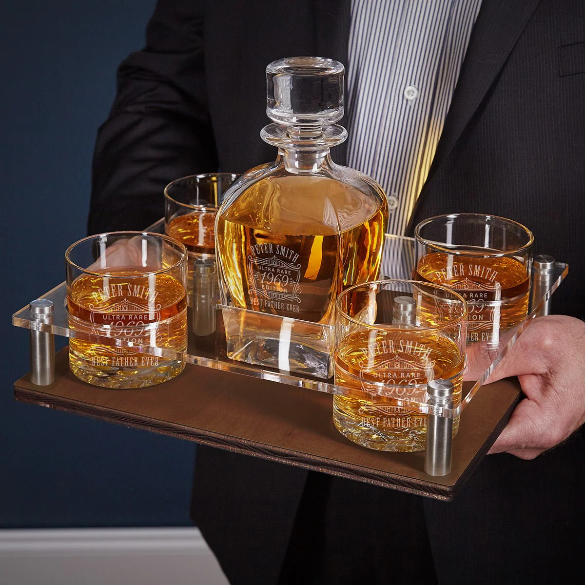 Engraved Bourbon Decanter Presentation with Glasses Set - Walnut Bar Serving Tray & Display Set - Image 6