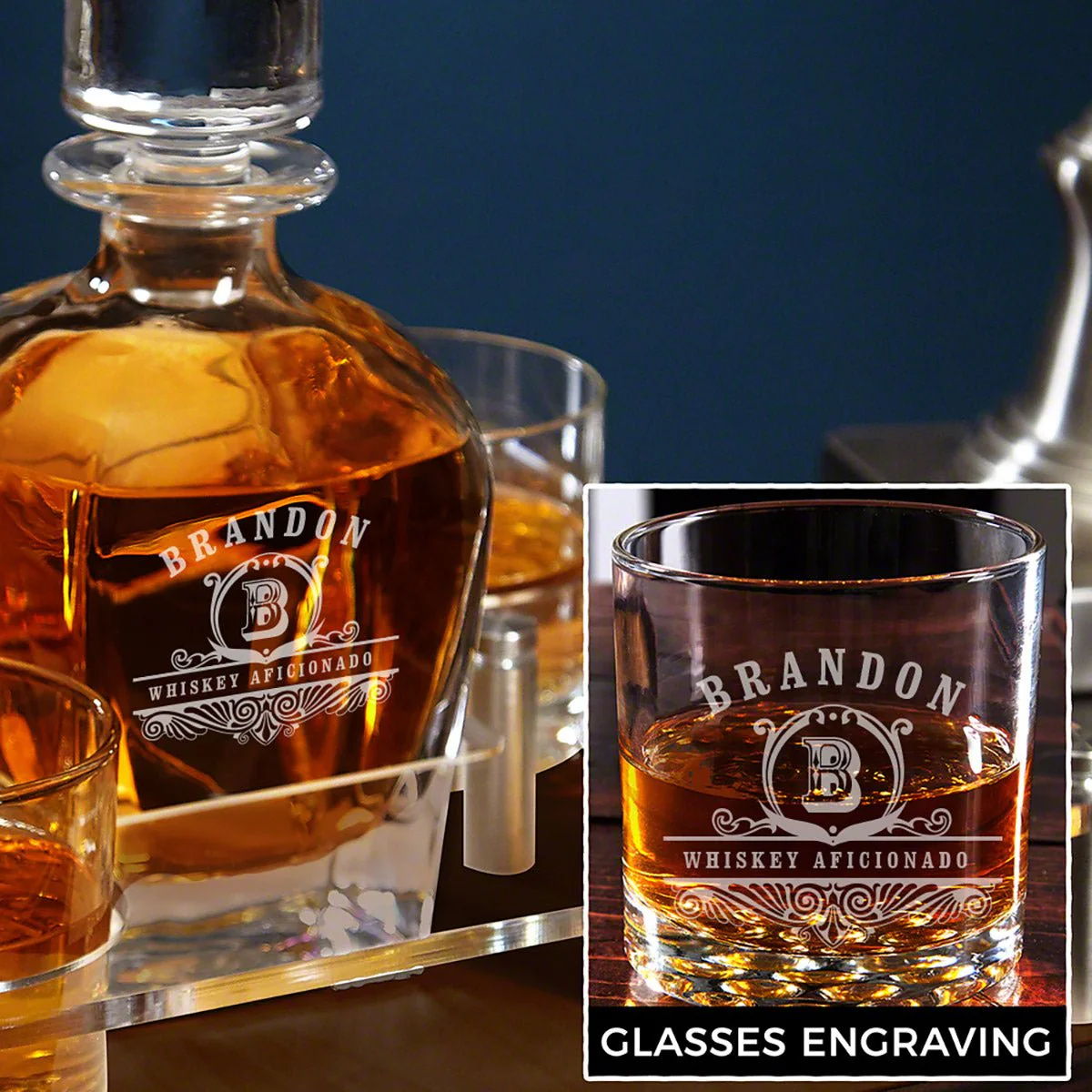 Engraved Bourbon Decanter Presentation with Glasses Set - Walnut Bar Serving Tray & Display Set - Image 7
