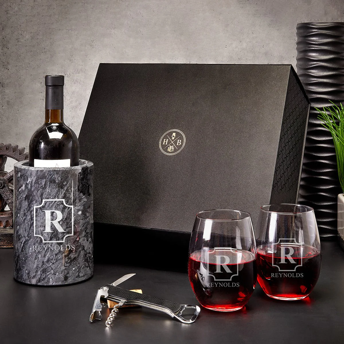 Engraved Wine Chiller Marble with Stemless Wine Glasses Set - 5pc - Image 6