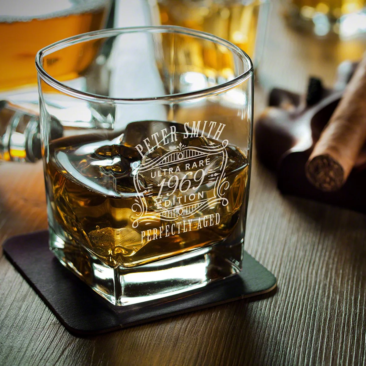 Custom Bourbon Decanter Set with 4 Square Glasses - Crafted Ebony Box - Image 6