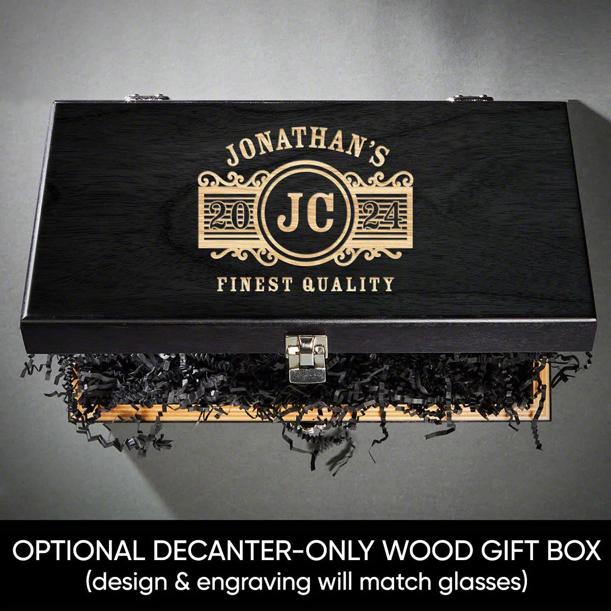 Colchester Engraved Classic Decanter Set with Whiskey Glasses - Ebony Black Box - Image 6