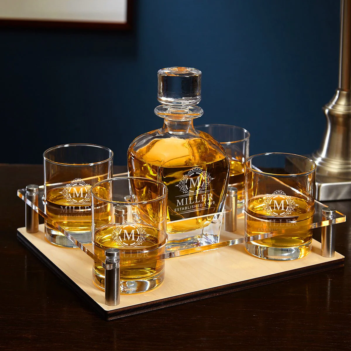 Engraved Presentation Set with Whiskey Decanter & Glasses - 6pc Bar Serving Tray & Display Set - Image 8