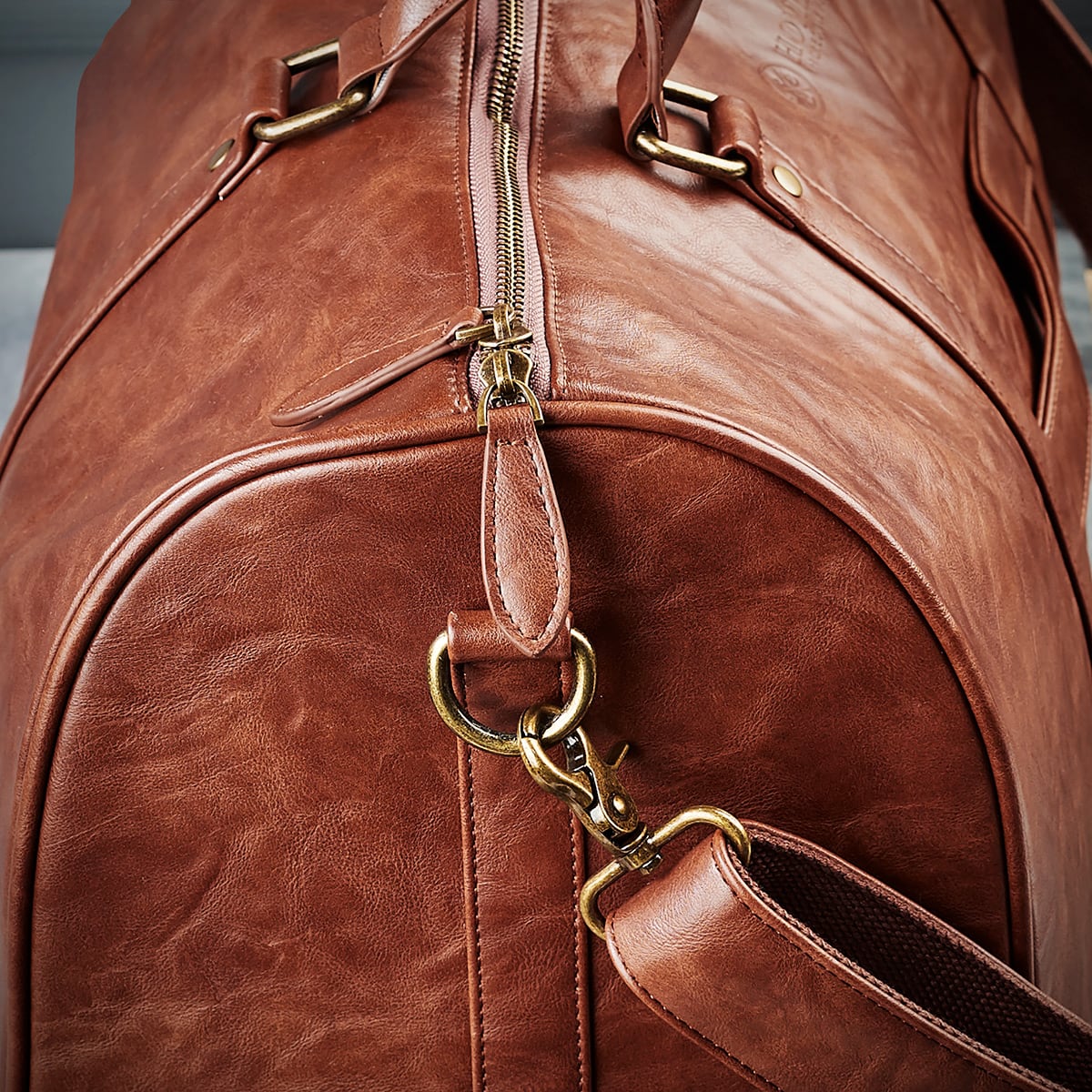 Personalized Theodore Mens Duffle Bag, Large Weekend Bag with Suitcase Strap Brown - Image 4