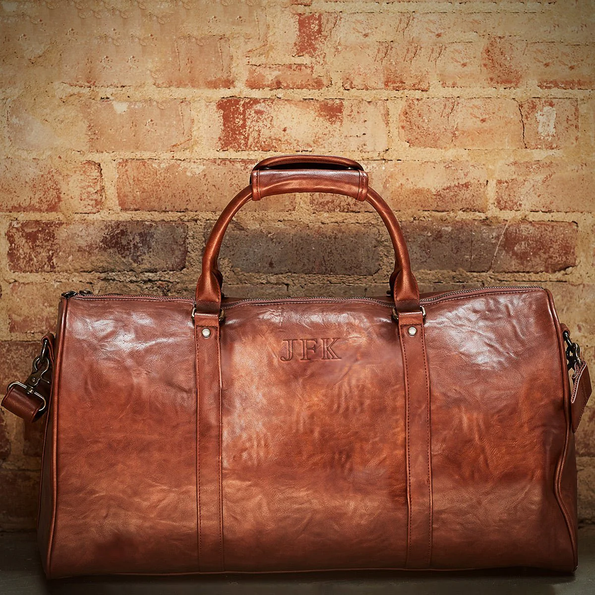 Personalized Theodore Mens Duffle Bag, Large Weekend Bag with Suitcase Strap Brown - Image 8
