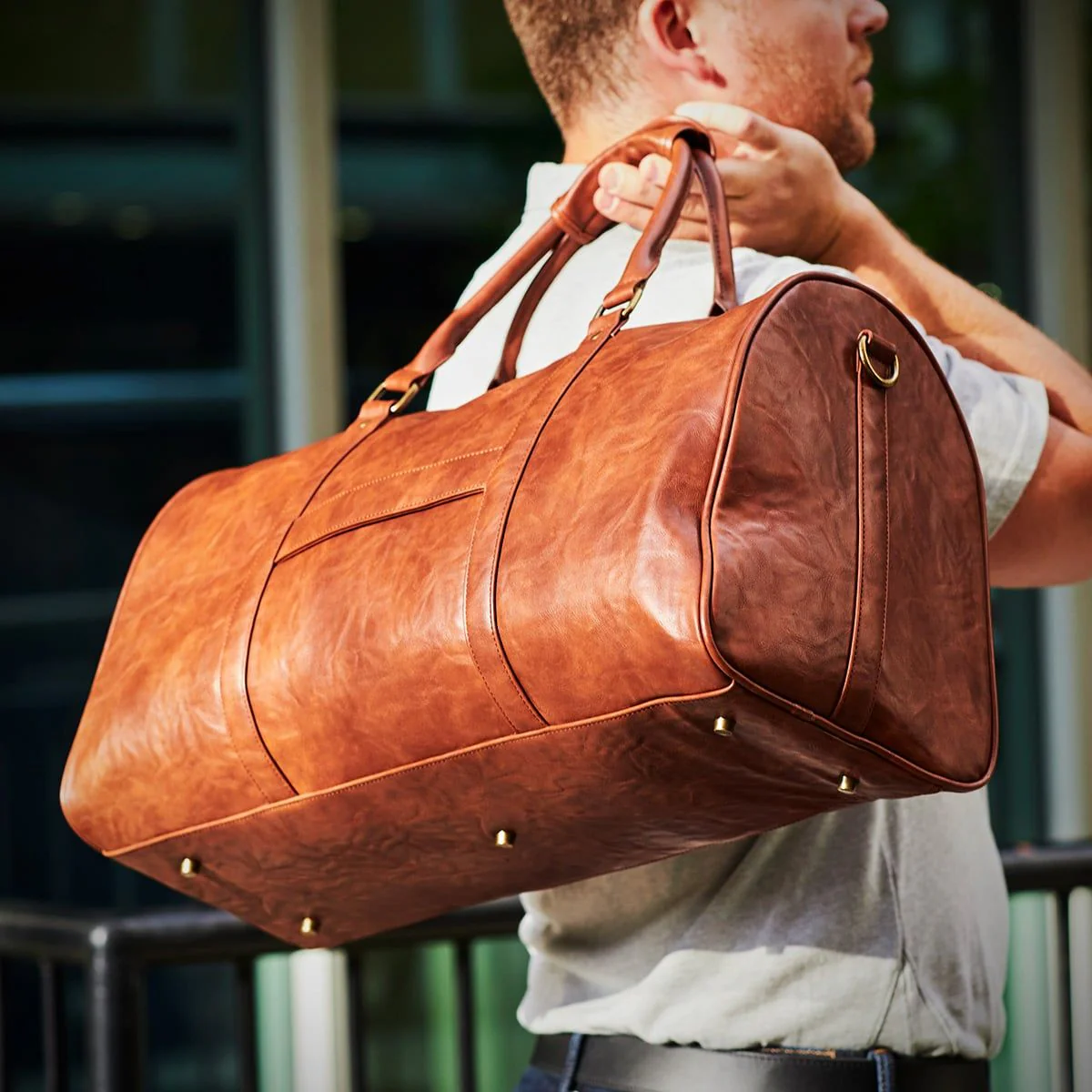 Theodore Mens Duffle Bag, Large Weekend Bag with Suitcase Strap Brown - Image 4