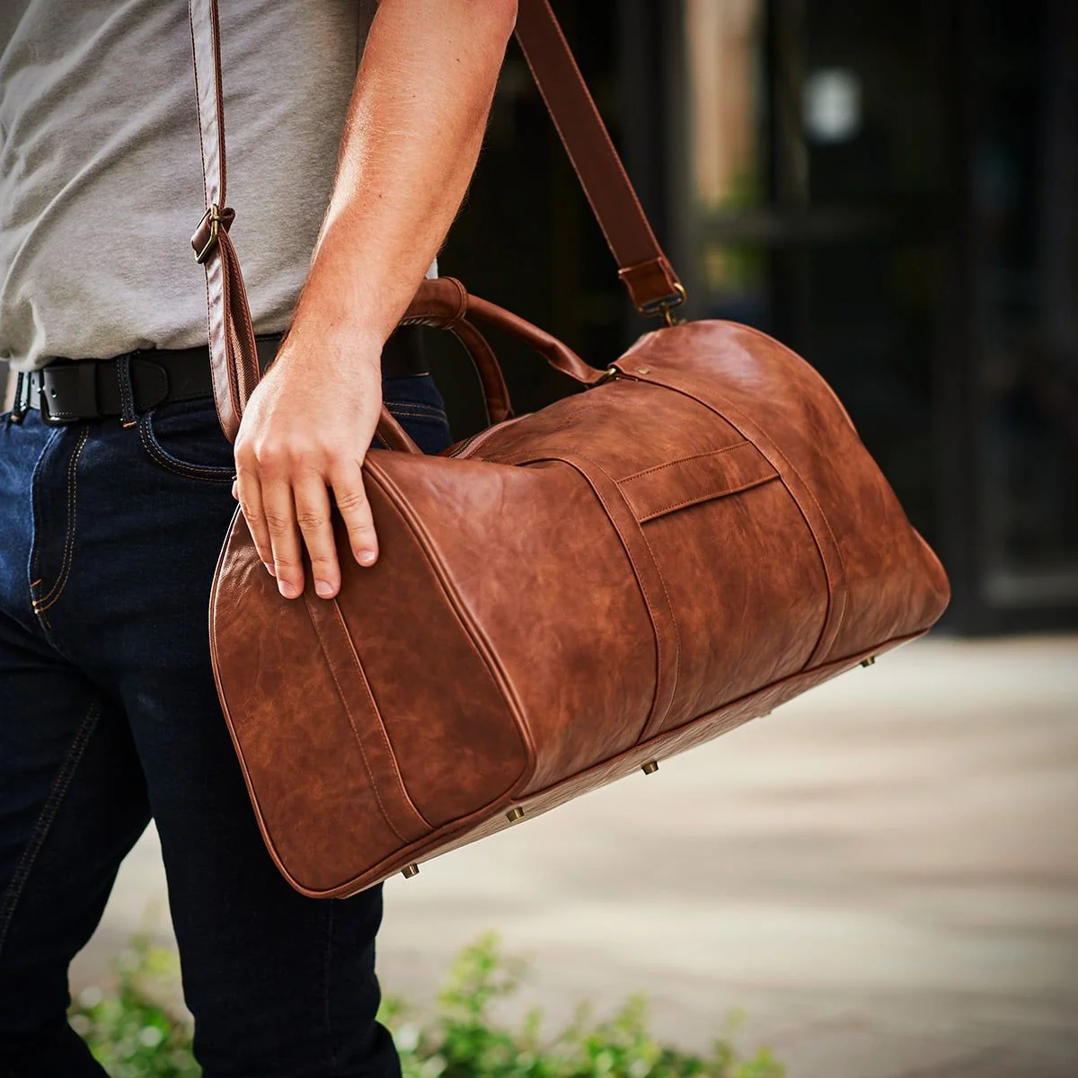 Theodore Mens Duffle Bag, Large Weekend Bag with Suitcase Strap Brown - Image 8